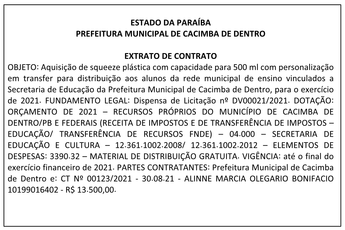PREFEITURA MUNICIPAL DE CACIMBA DE DENTRO – EXTRATO DE CONTRATO