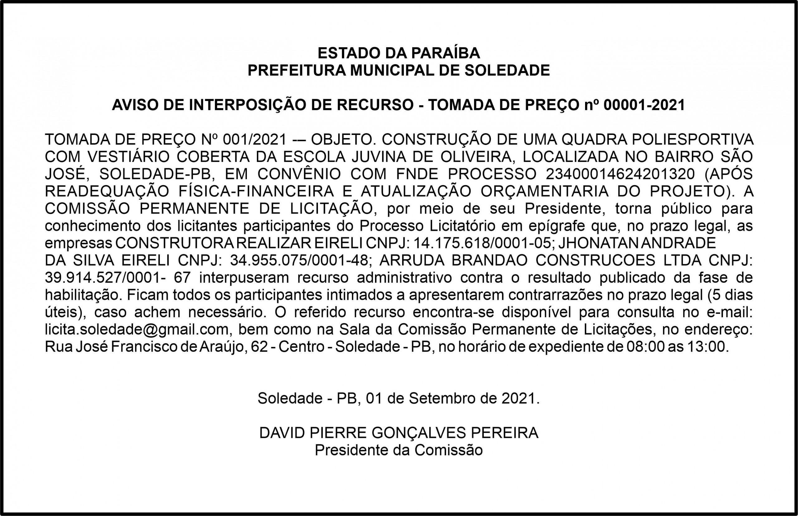 PREFEITURA MUNICIPAL DE SOLEDADE – AVISO DE INTERPOSIÇÃO DE RECURSO – TOMADA DE PREÇO nº 00001/2021