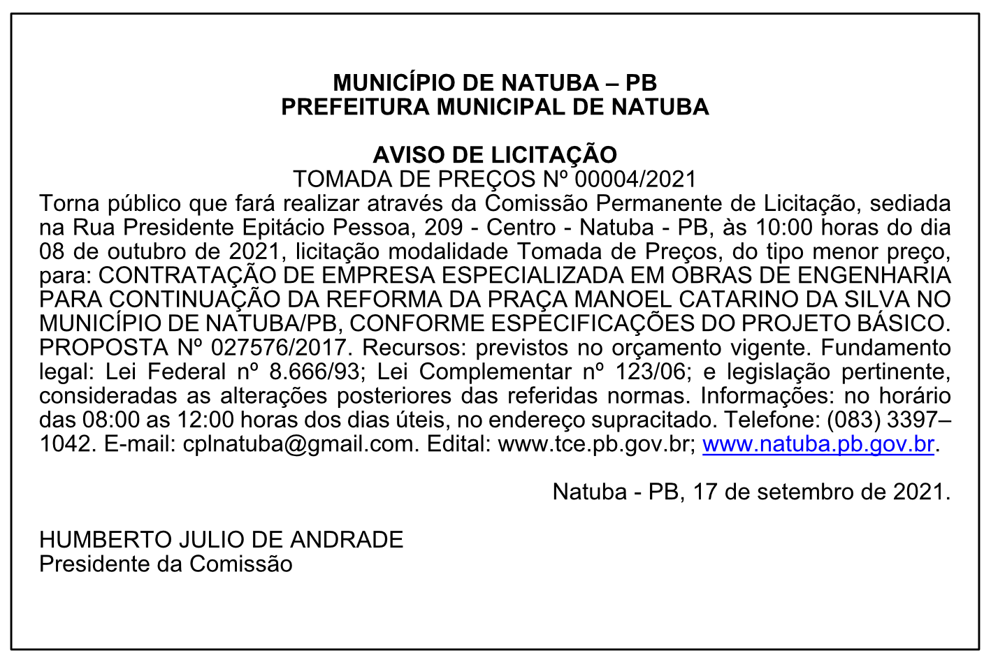 PREFEITURA MUNICIPAL DE NATUBA – AVISO DE LICITAÇÃO – TOMADA DE PREÇOS Nº 00004/2021