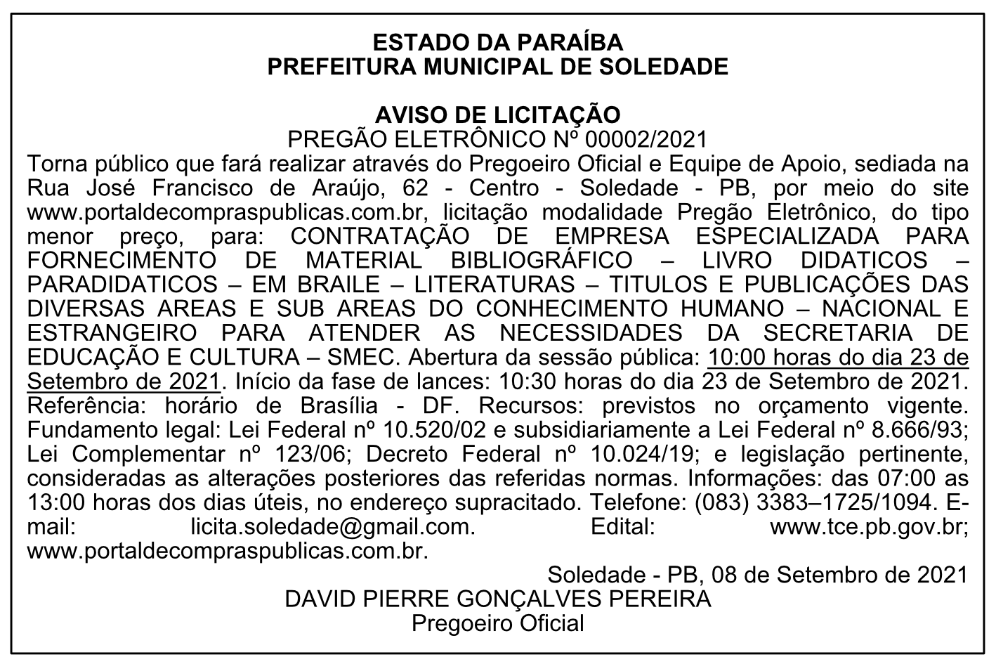 PREFEITURA MUNICIPAL DE SOLEDADE – AVISO DE LICITAÇÃO – PREGÃO ELETRÔNICO Nº 00002/2021