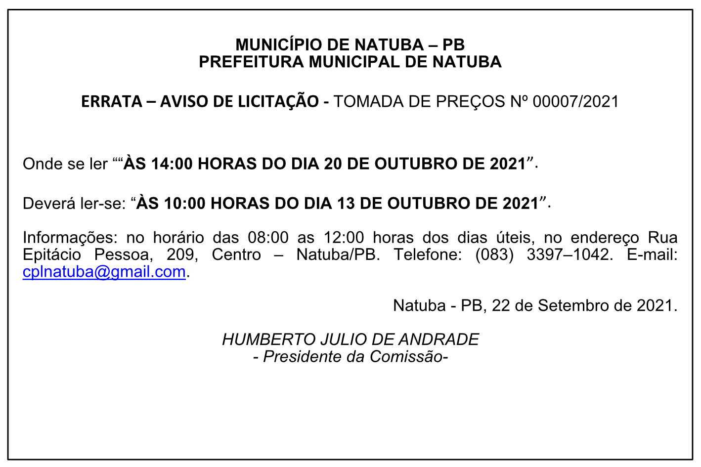 PREFEITURA MUNICIPAL DE NATUBA – ERRATA – AVISO DE LICITAÇÃO – TOMADA DE PREÇOS Nº 00007/2021