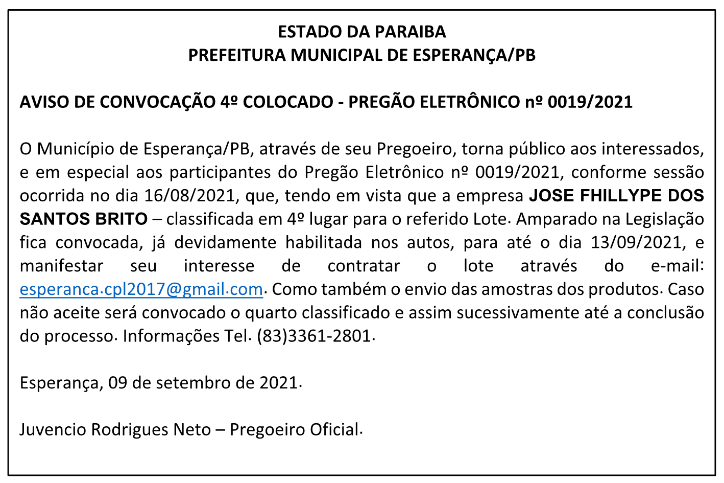 PREFEITURA MUNICIPAL DE ESPERANÇA – AVISO DE CONVOCAÇÃO 4º COLOCADO – PREGÃO ELETRÔNICO Nº 0019/2021