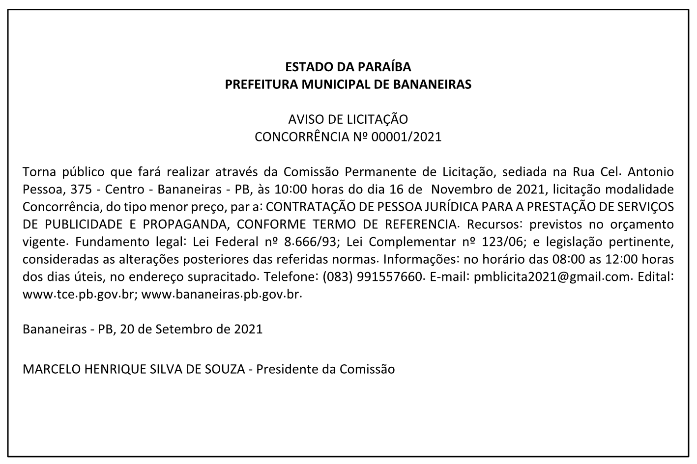 PREFEITURA MUNICIPAL DE BANANEIRAS – AVISO DE LICITAÇÃO CONCORRÊNCIA Nº 00001/2021