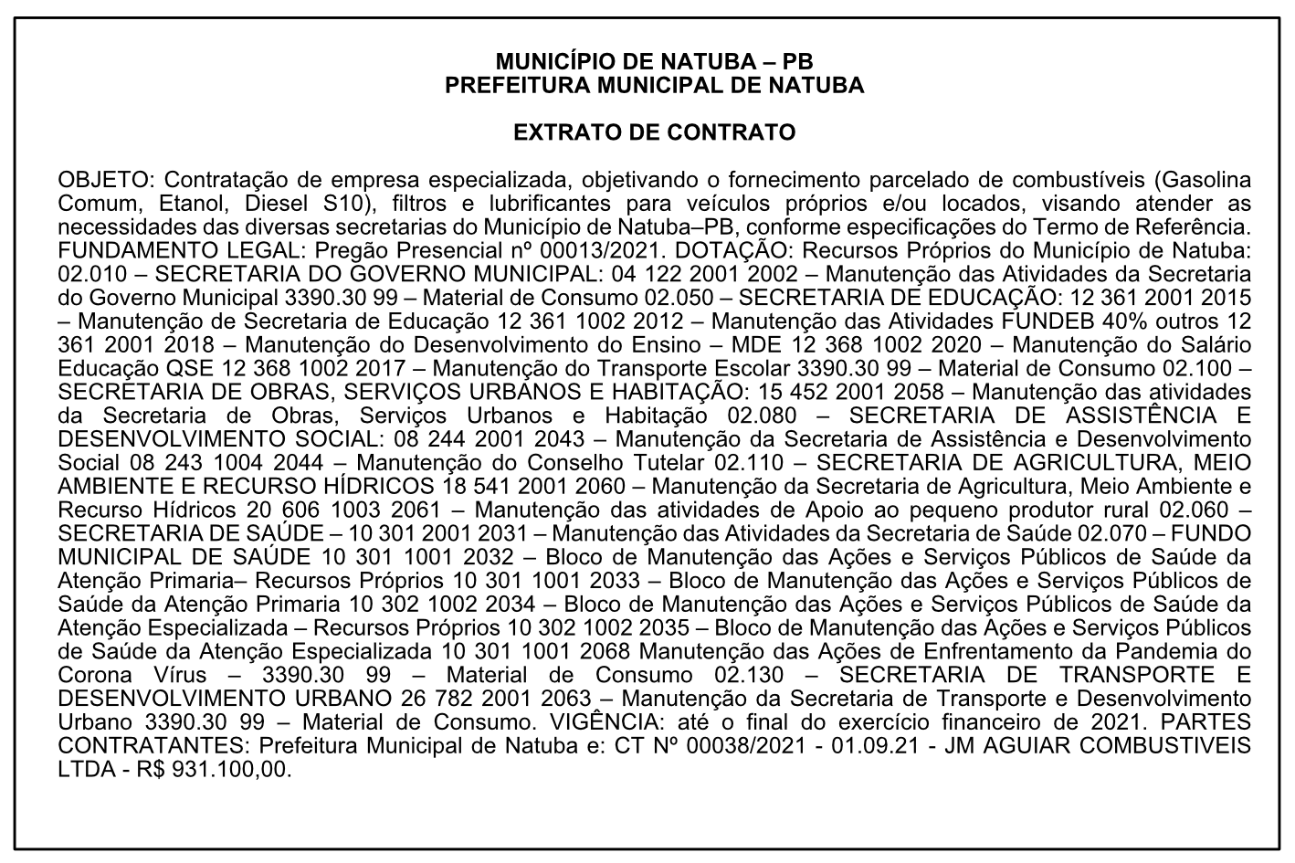 PREFEITURA MUNICIPAL DE NATUBA – EXTRATO DE CONTRATO