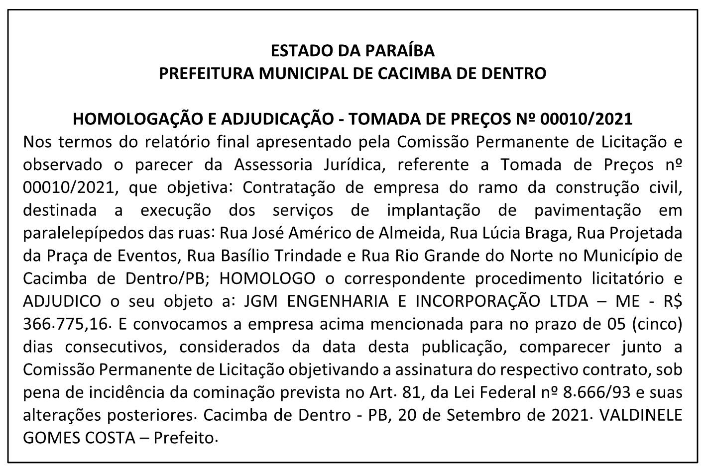PREFEITURA MUNICIPAL DE CACIMBA DE DENTRO – HOMOLOGAÇÃO E ADJUDICAÇÃO – TOMADA DE PREÇOS Nº 00010/2021