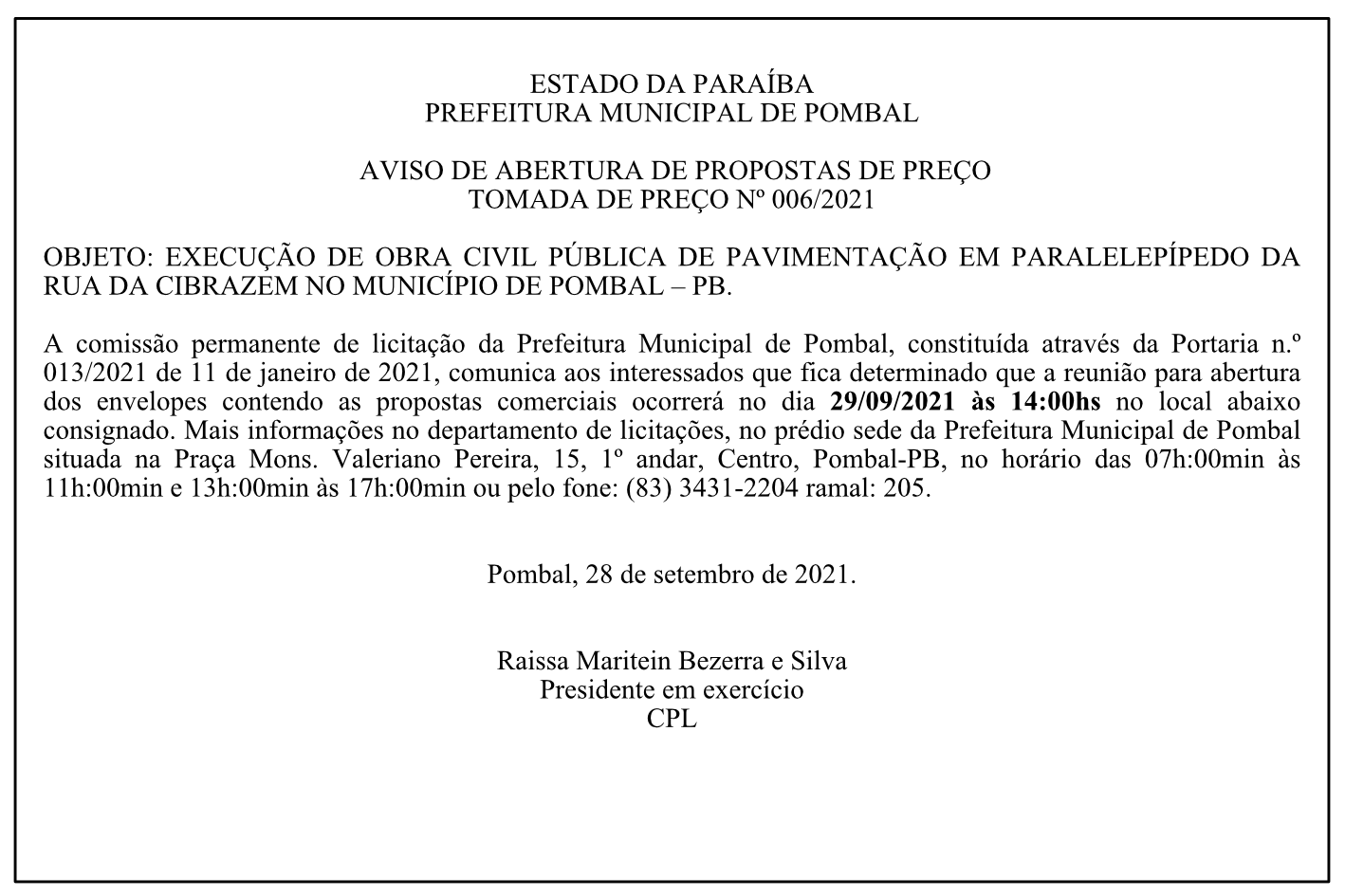 PREFEITURA MUNICIPAL DE POMBAL – AVISO DE ABERTURA DE PROPOSTAS DE PREÇO – TOMADA DE PREÇO Nº 006/2021