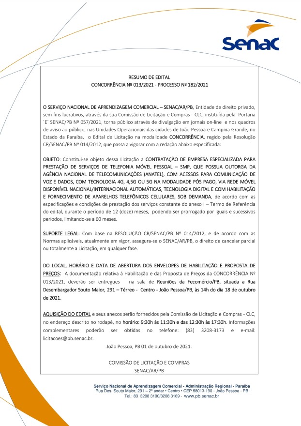 SENAC – RESUMO DE EDITAL  CONCORRÊNCIA Nº 013/2021 – PROCESSO Nº 182/2021