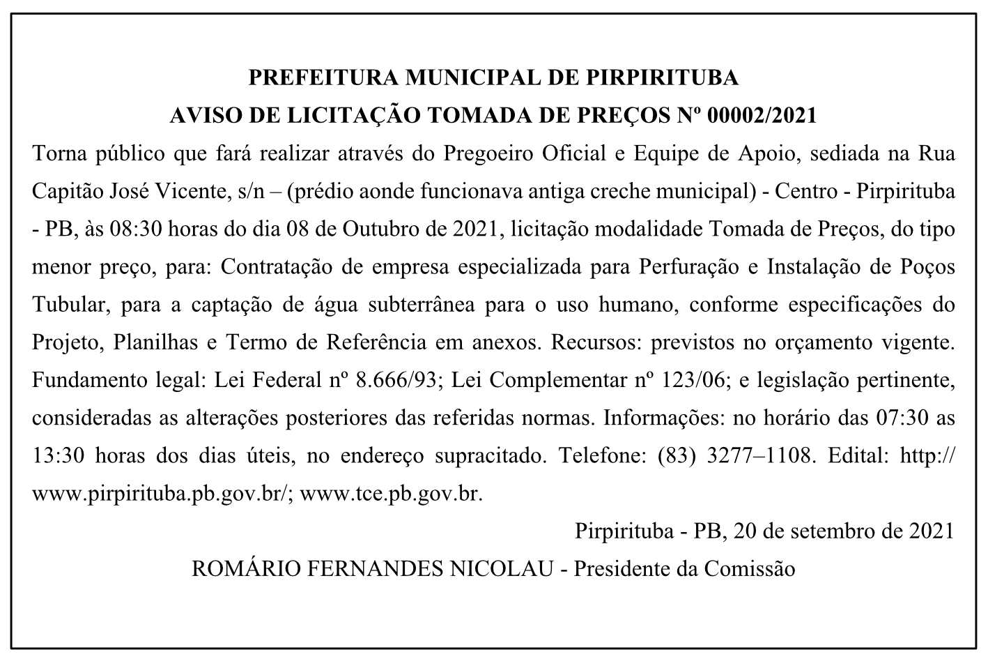 PREFEITURA MUNICIPAL DE PIRPIRITUBA – AVISO DE LICITAÇÃO – TOMADA DE PREÇOS Nº 00002/2021