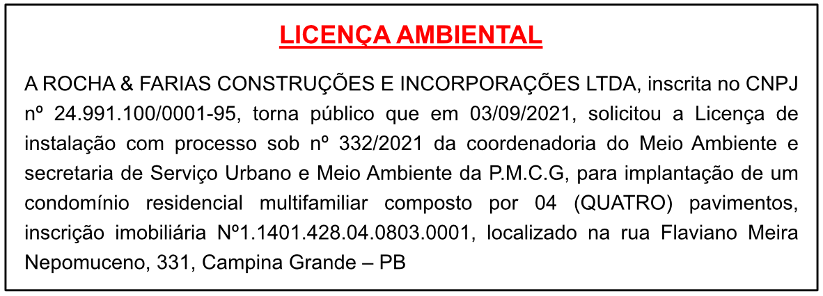 ROCHA & FARIAS CONSTRUÇÕES E INCORPORAÇÕES LTDA – LICENÇA AMBIENTAL