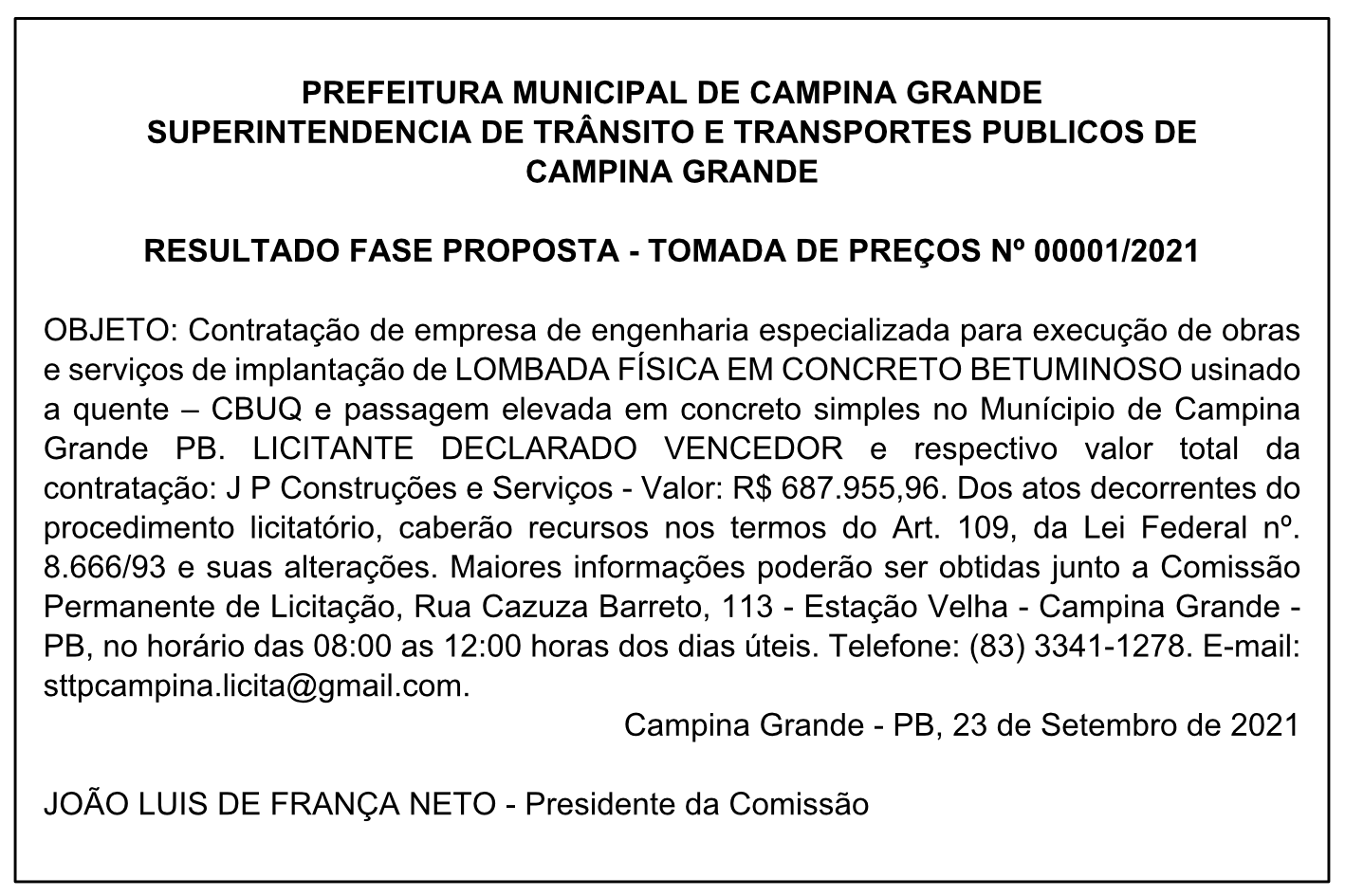 STTP – RESULTADO FASE PROPOSTA – TOMADA DE PREÇOS Nº 00001/2021