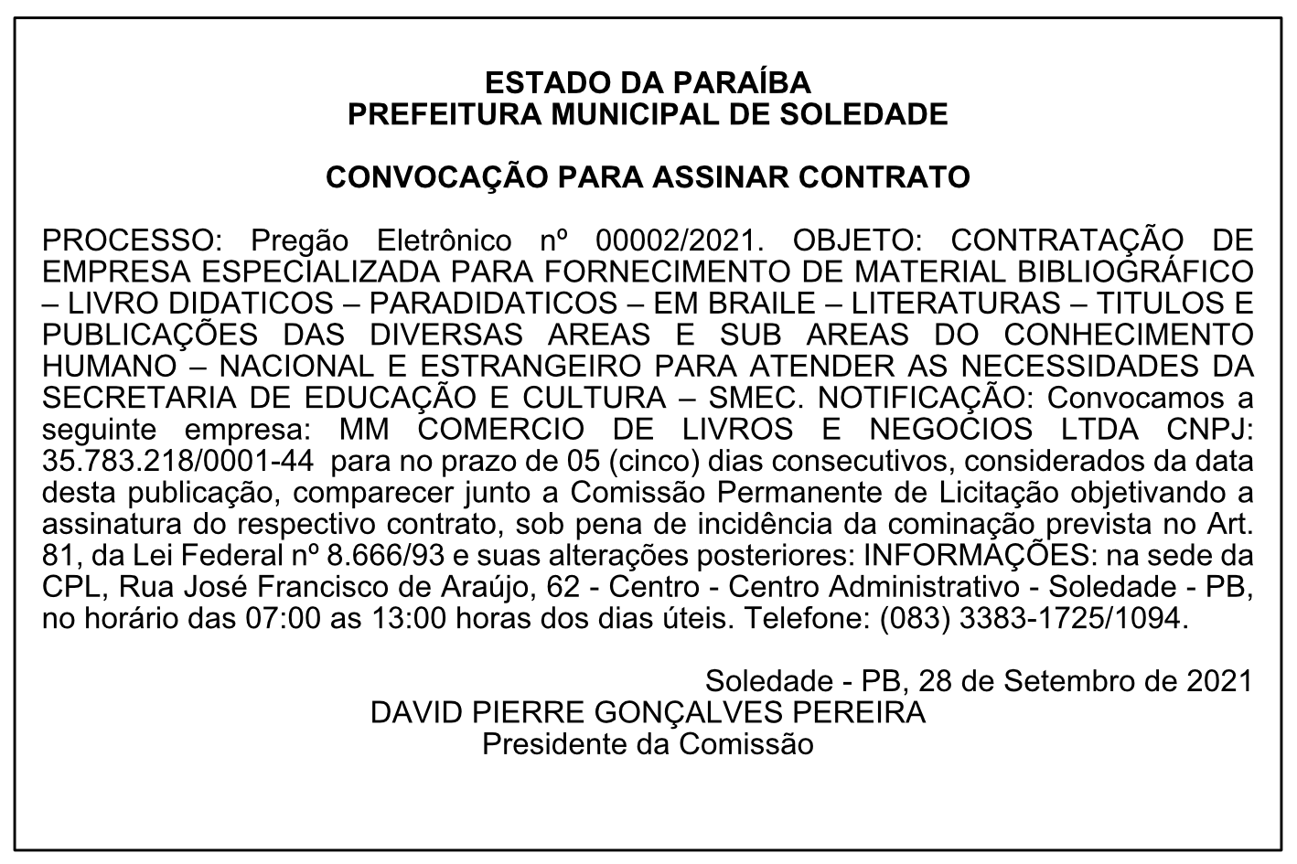 PREFEITURA MUNICIPAL DE SOLEDADE – CONVOCAÇÃO PARA ASSINAR CONTRATO