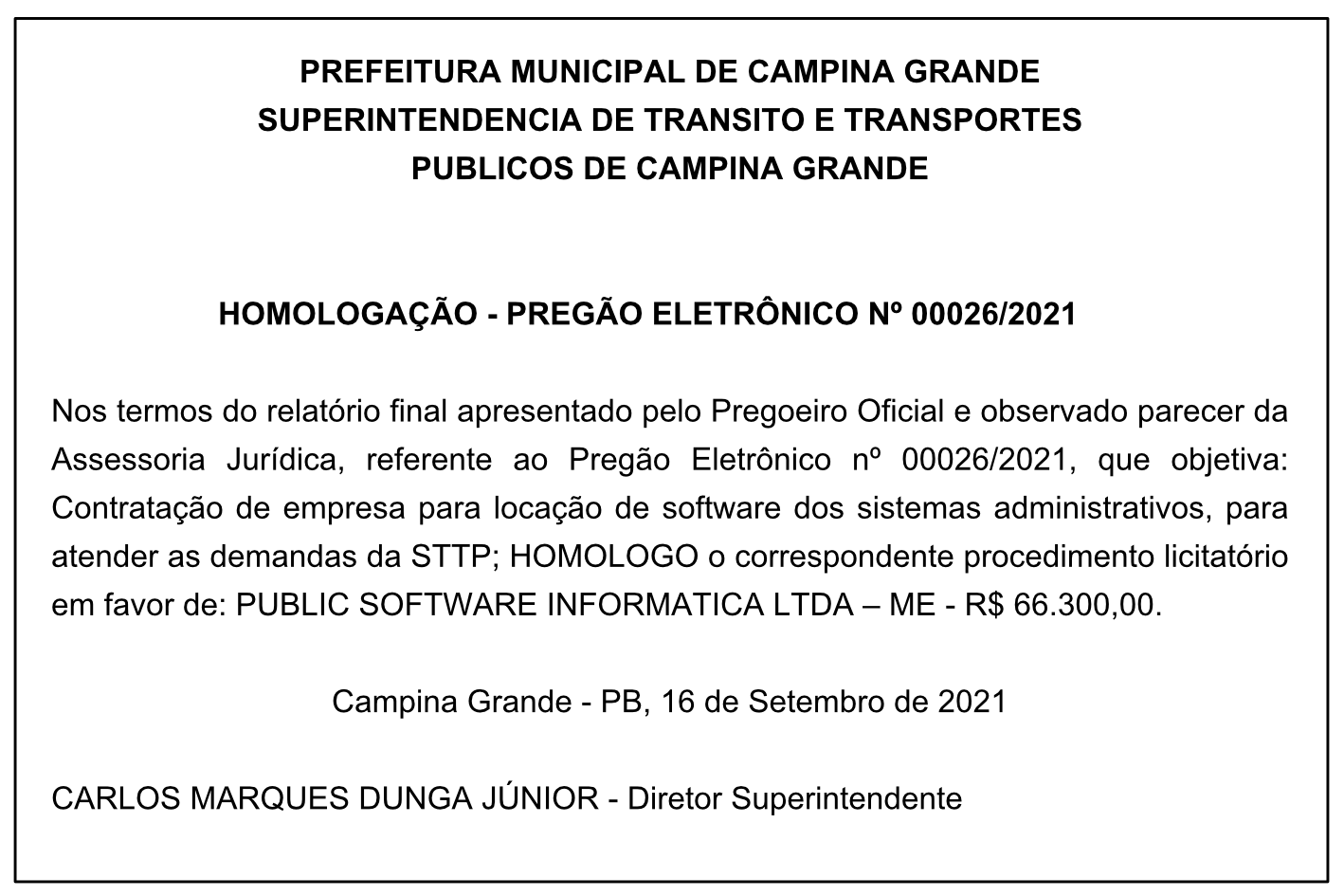 STTP – HOMOLOGAÇÃO – PREGÃO ELETRÔNICO Nº 00026/2021