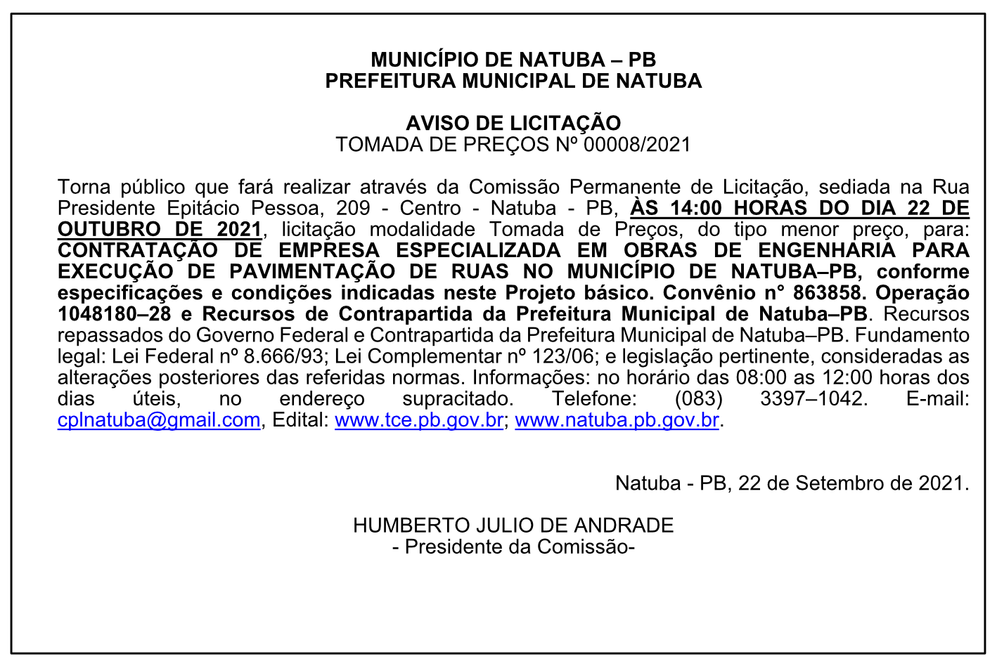 PREFEITURA MUNICIPAL DE NATUBA – AVISO DE LICITAÇÃO – TOMADA DE PREÇOS Nº 00008/2021
