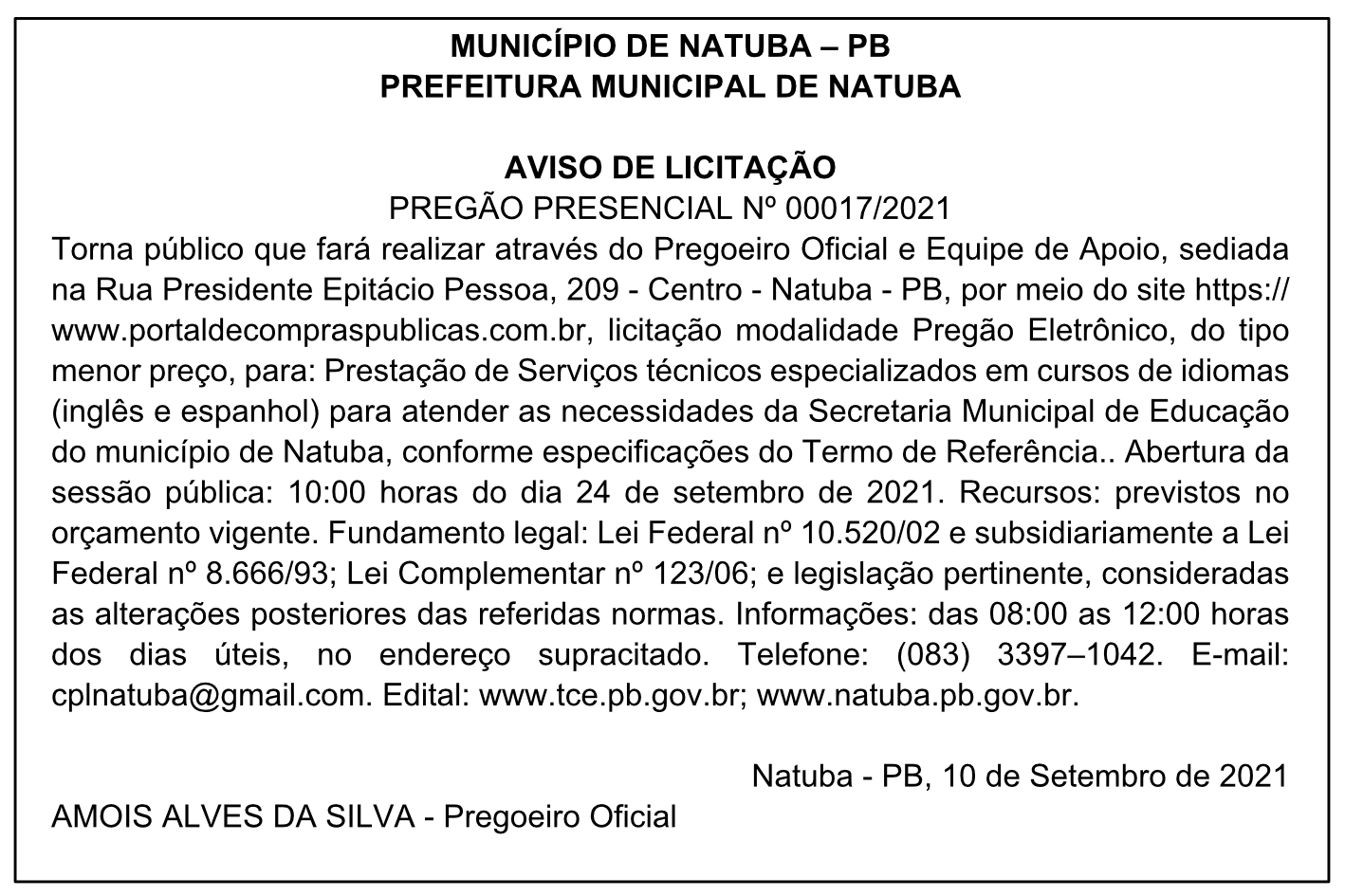 PREFEITURA MUNICIPAL DE NATUBA – AVISO DE LICITAÇÃO – PREGÃO PRESENCIAL Nº 00017/2021