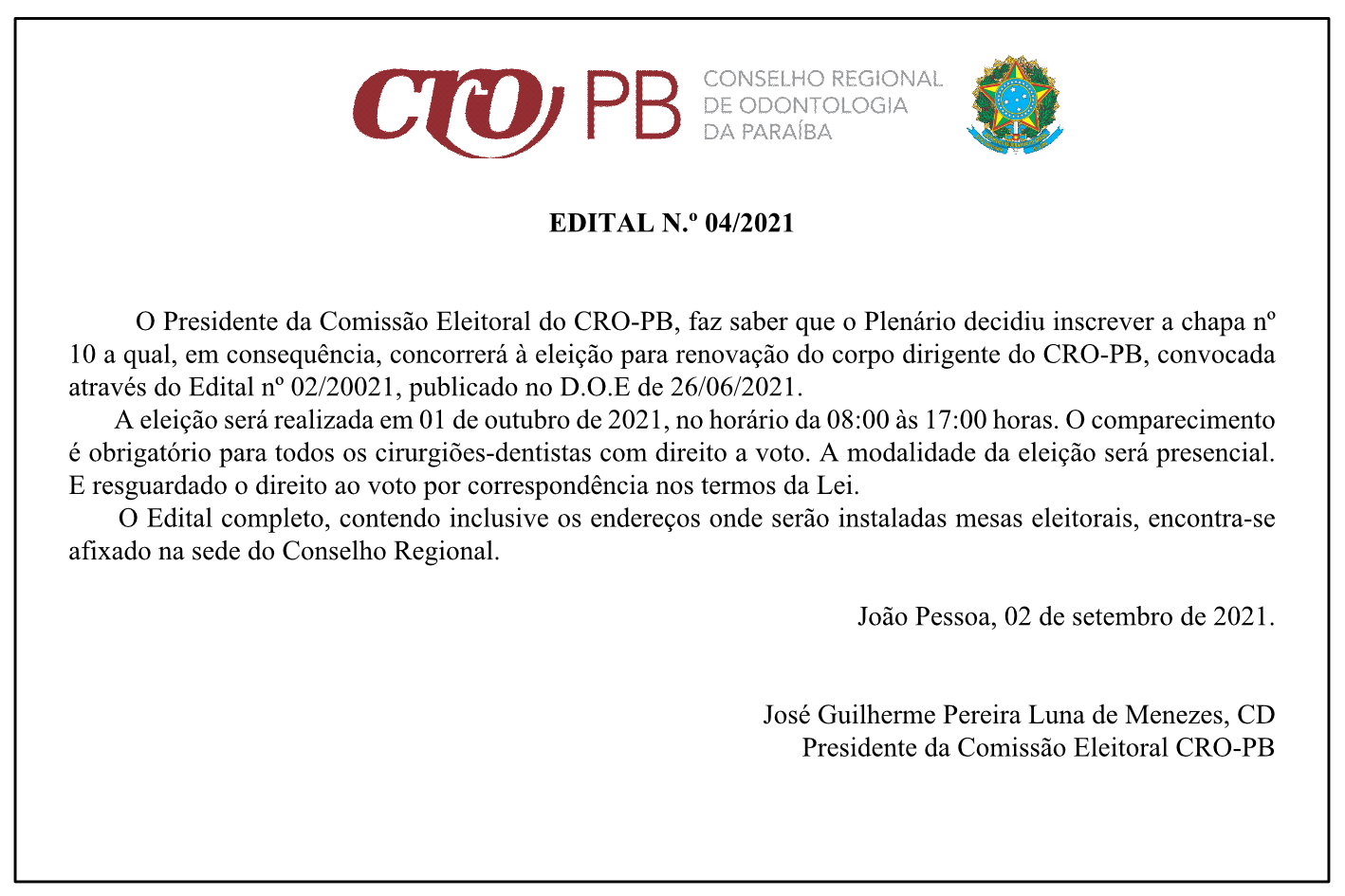 Conselho Regional de Odontologia da Paraíba – CRO-PB – Edital Nº 04/2021