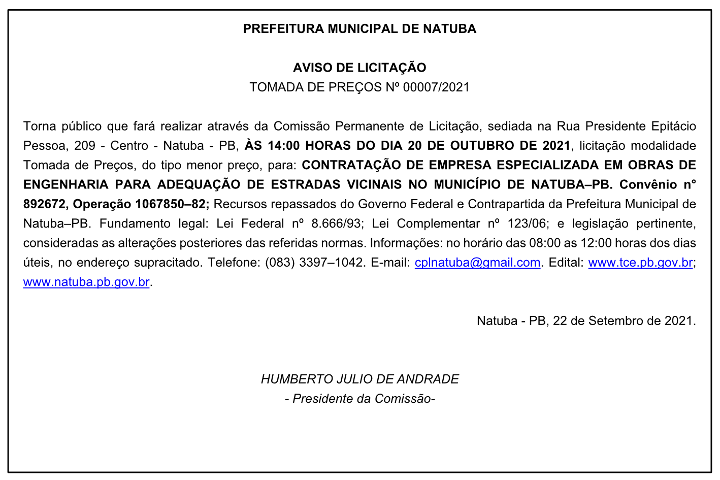PREFEITURA MUNICIPAL DE NATUBA – AVISO DE LICITAÇÃO – TOMADA DE PREÇOS Nº 00007/2021