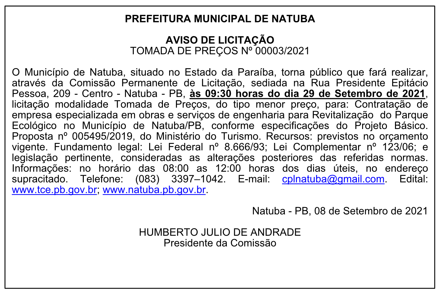 PREFEITURA MUNICIPAL DE NATUBA – AVISO DE LICITAÇÃO – TOMADA DE PREÇOS Nº 00003/2021