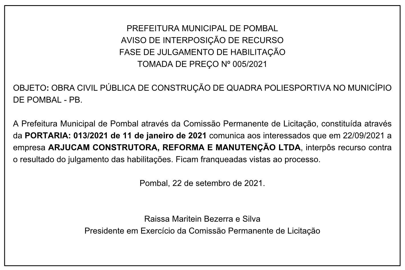 PREFEITURA MUNICIPAL DE POMBAL – AVISO DE INTERPOSIÇÃO DE RECURSO FASE DE JULGAMENTO DE HABILITAÇÃO – TOMADA DE PREÇO Nº 005/2021