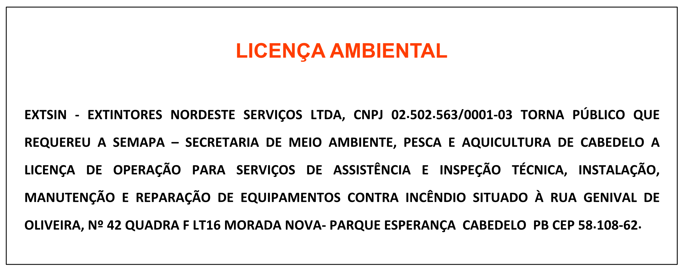 EXTSIN – EXTINTORES NORDESTE SERVIÇOS LTDA – LICENÇA AMBIENTAL