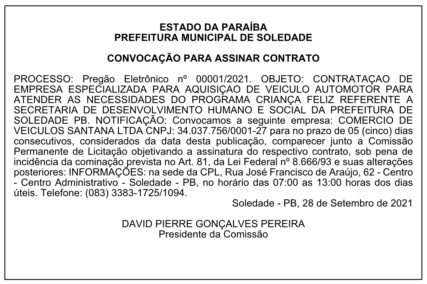 PREFEITURA MUNICIPAL DE SOLEDADE – CONVOCAÇÃO PARA ASSINAR CONTRATO