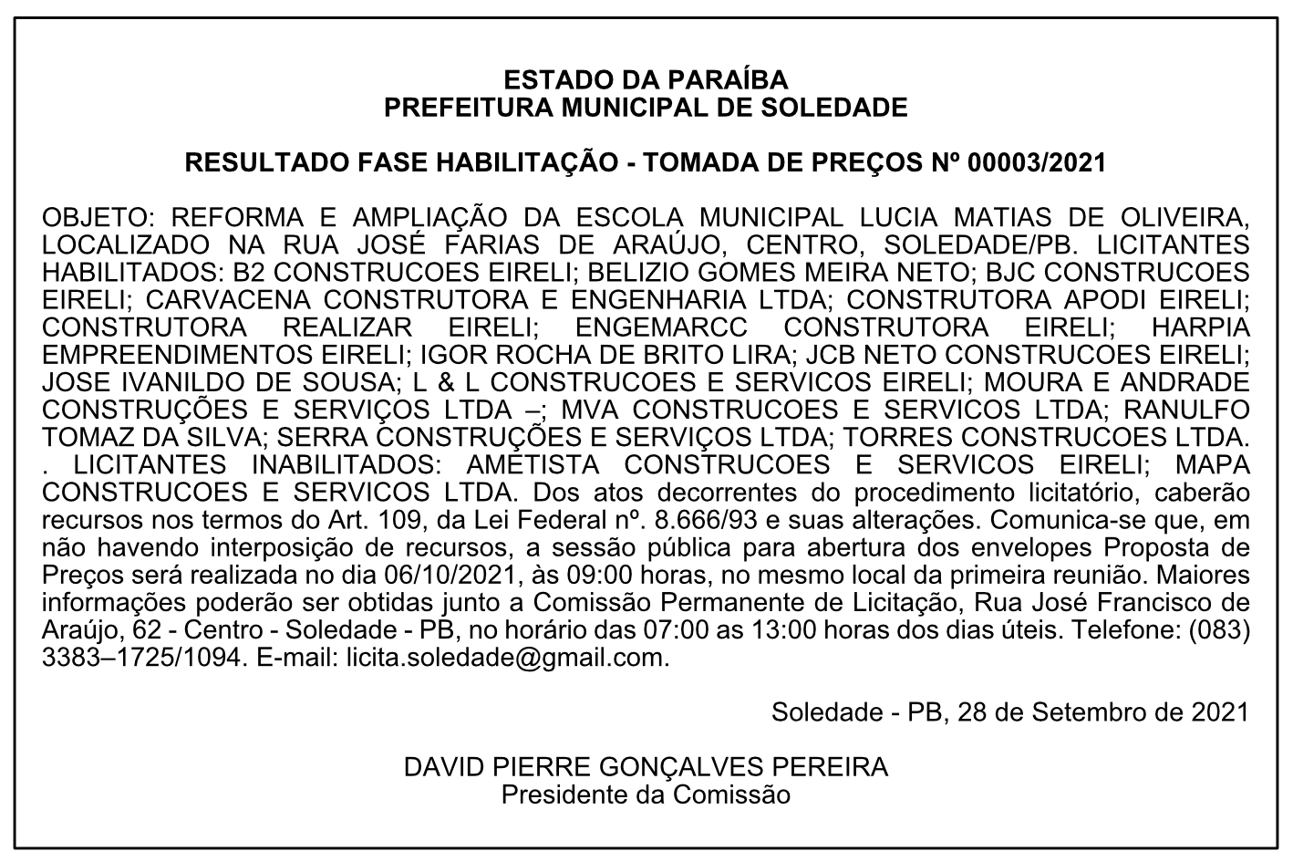 PREFEITURA MUNICIPAL DE SOLEDADE – RESULTADO FASE HABILITAÇÃO – TOMADA DE PREÇOS Nº 00003/2021