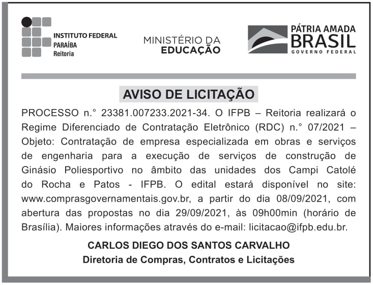 IFPB – PB – JOÃO PESSOA – REITORIA – EDITAL – RDC ELETRÔNICO n.o 007/2021 – Campi Catolé do Rocha e Patos