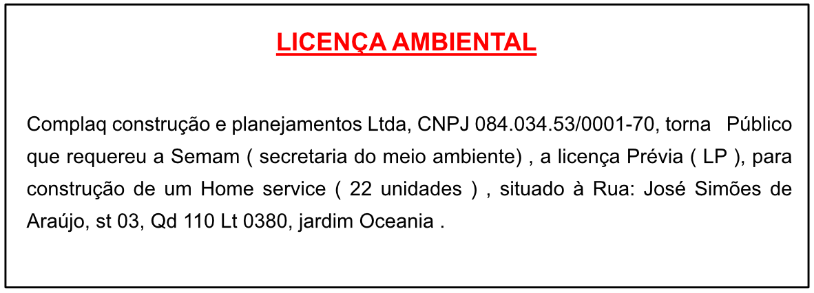 Complaq Construção e Planejamentos Ltda – Licença Ambiental