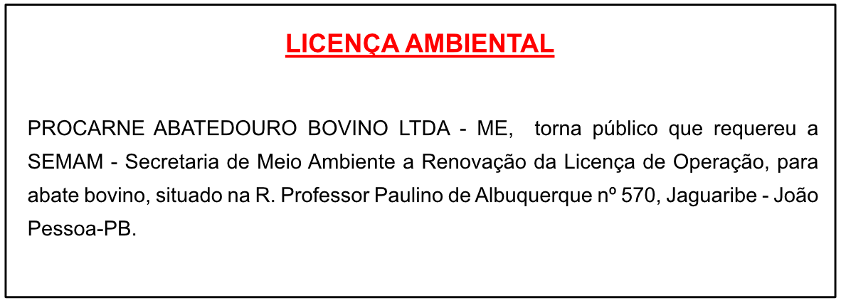 PROCARNE ABATEDOURO BOVINO LTDA – ME – LICENÇA AMBEINTAL