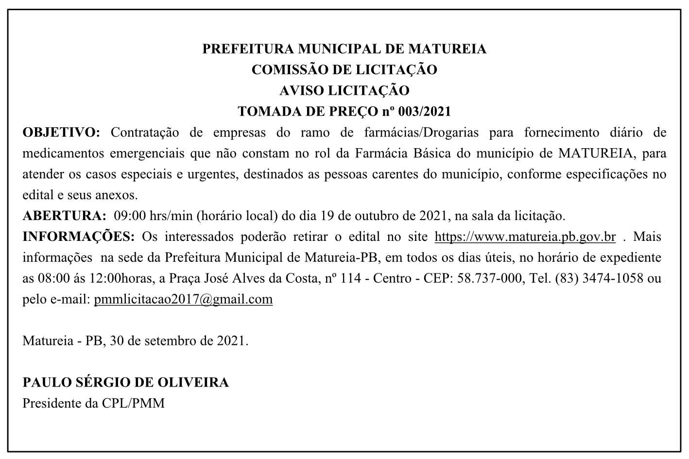 PREFEITURA MUNICIPAL DE MATUREIA – COMISSÃO DE LICITAÇÃO – AVISO LICITAÇÃO – TOMADA DE PREÇO Nº 003/2021
