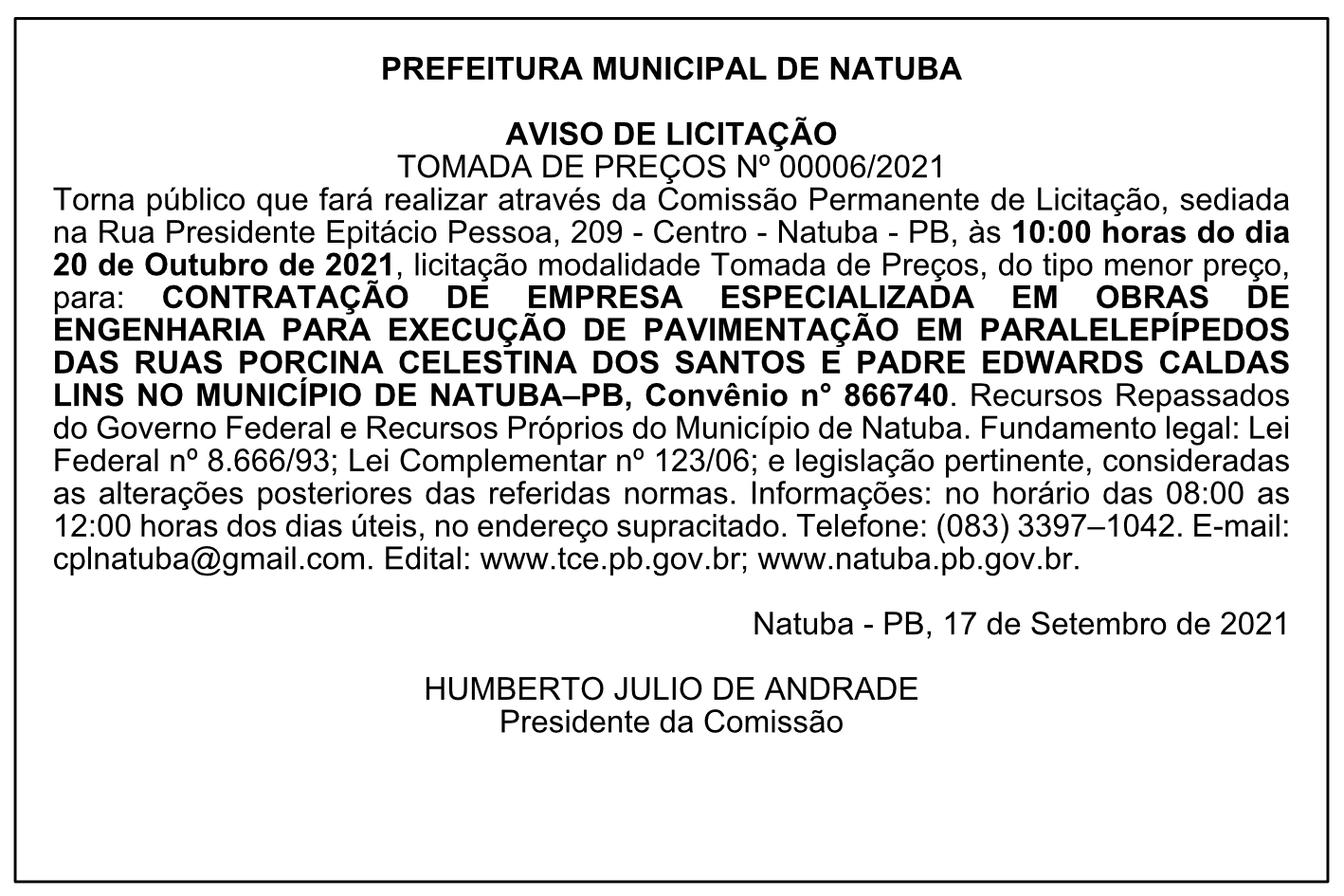 PREFEITURA MUNICIPAL DE NATUBA – AVISO DE LICITAÇÃO – TOMADA DE PREÇOS Nº 00006/2021