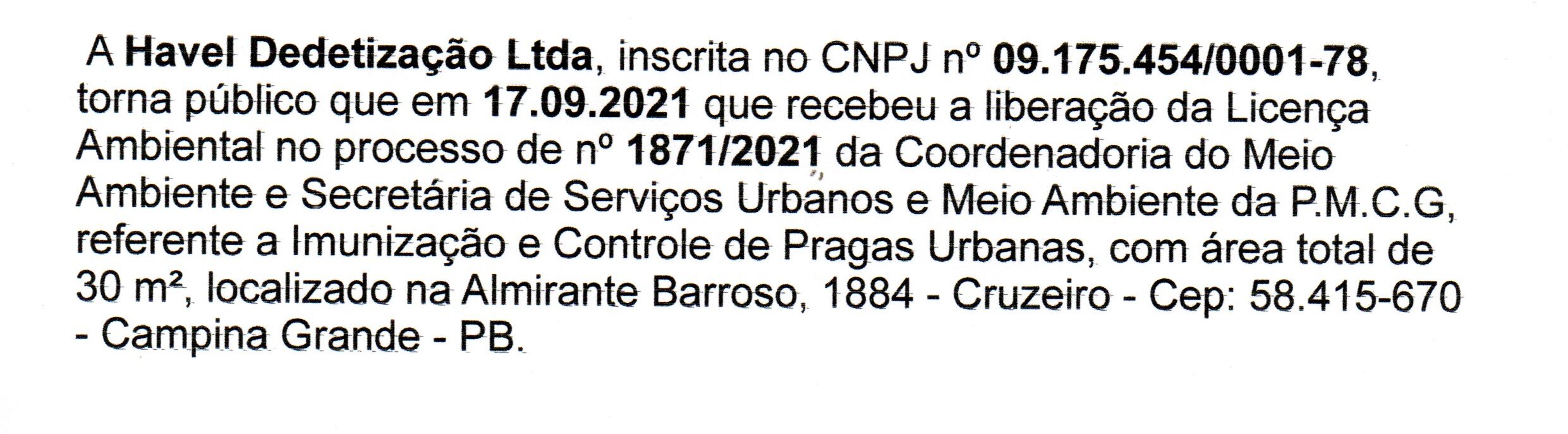Havel Dedetização Ltda – Licença Ambiental