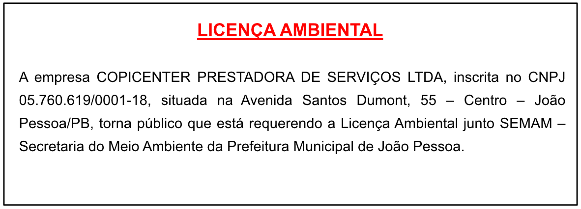 COPICENTER PRESTADORA DE SERVIÇOS LTDA – LICENÇA AMBIENTAL