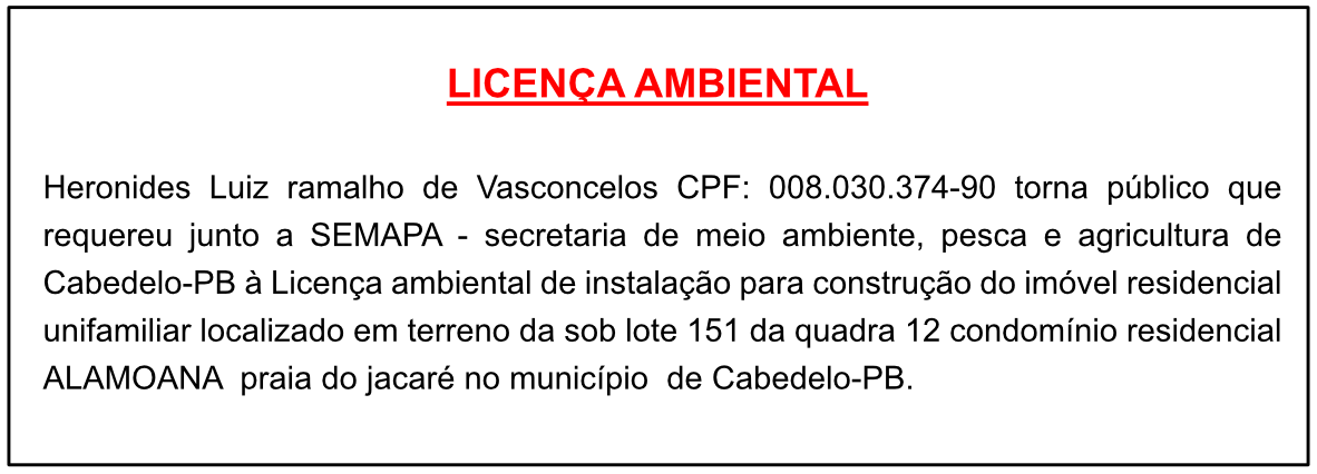 Heronides Luiz Ramalho de Vasconcelos – Licença Ambiental