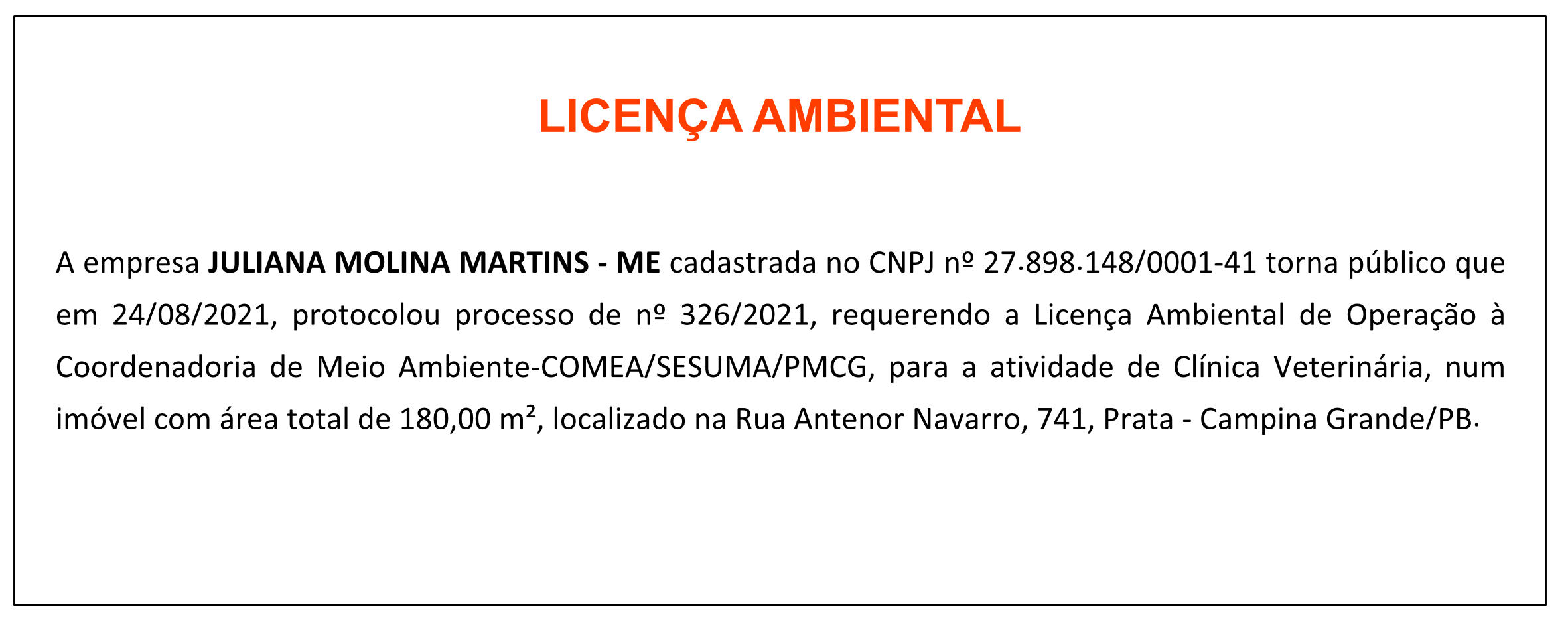 JULIANA MOLINA MARTINS – ME – LICENÇA AMBIENTAL