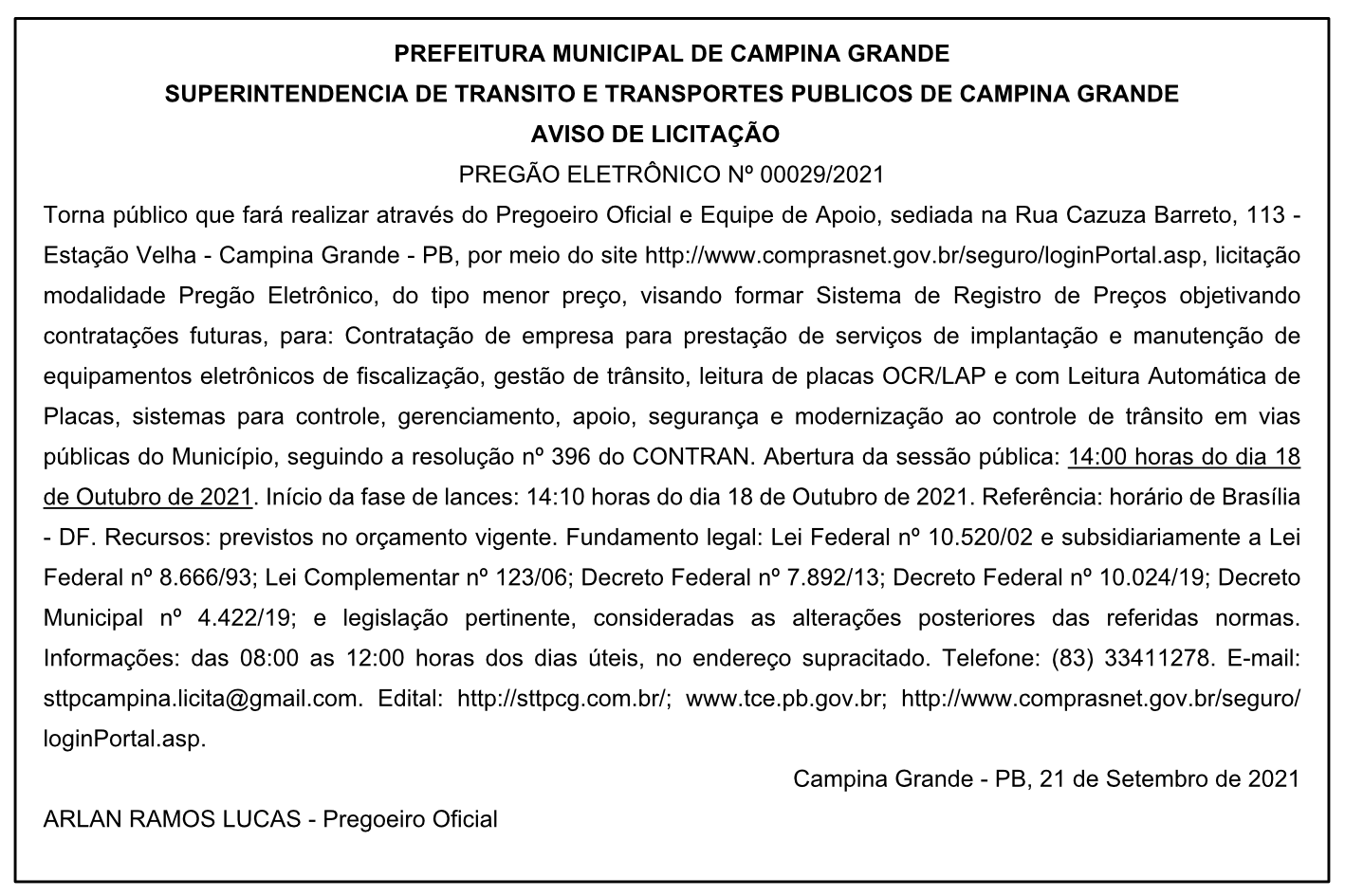 STTP – AVISO DE LICITAÇÃO – PREGÃO ELETRÔNICO Nº 00029/2021
