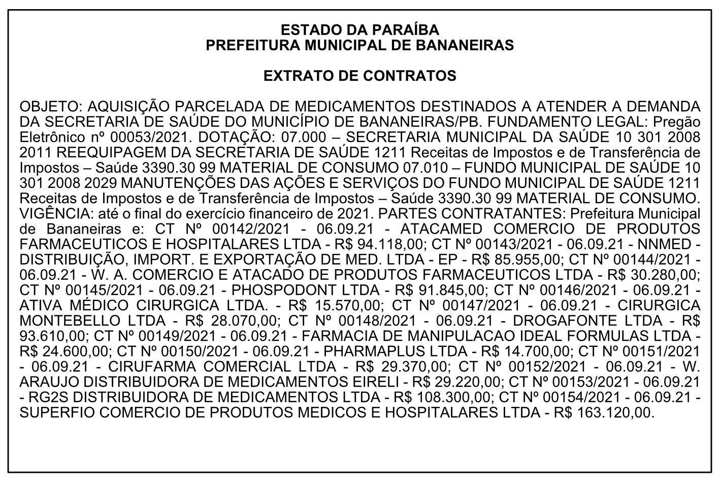 PREFEITURA MUNICIPAL DE BANANEIRAS – EXTRATO DE CONTRATOS