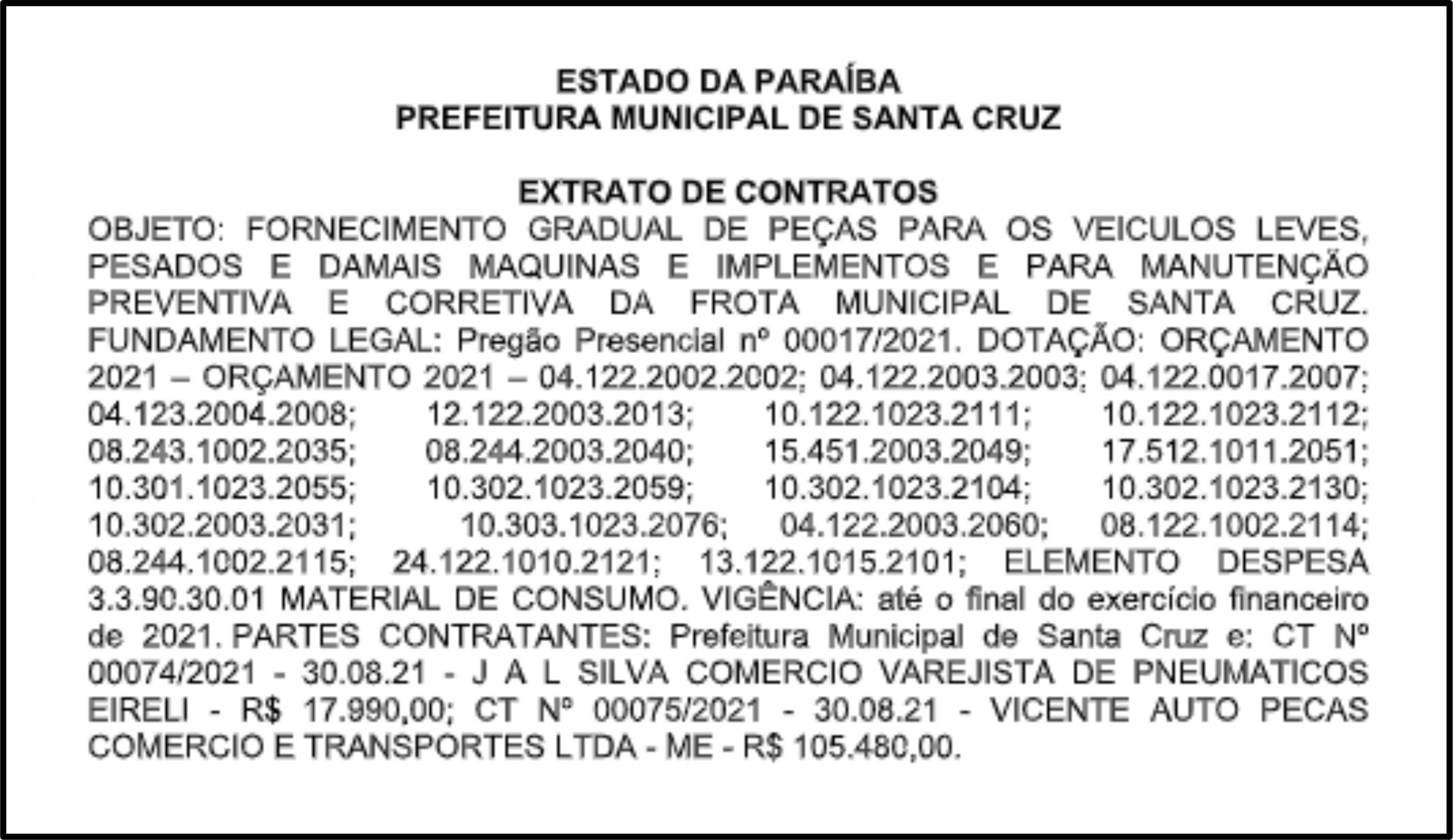 PREFEITURA MUNICIPAL DE SANTA CRUZ – EXTRATO DE CONTRATOS
