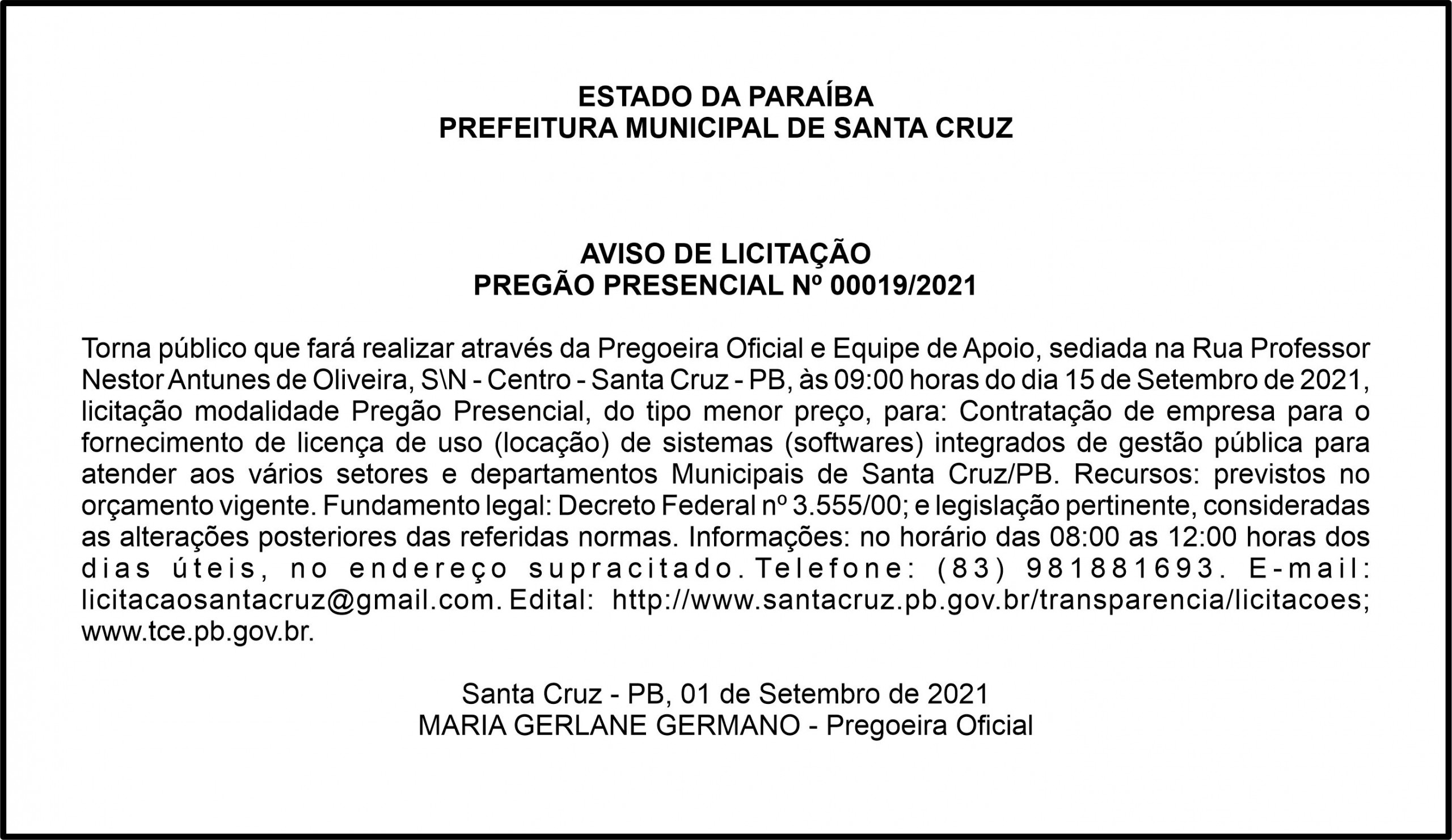 PREFEITURA MUNICIPAL DE SANTA CRUZ – AVISO DE LICITAÇÃO – PREGÃO PRESENCIAL Nº 00019/2021