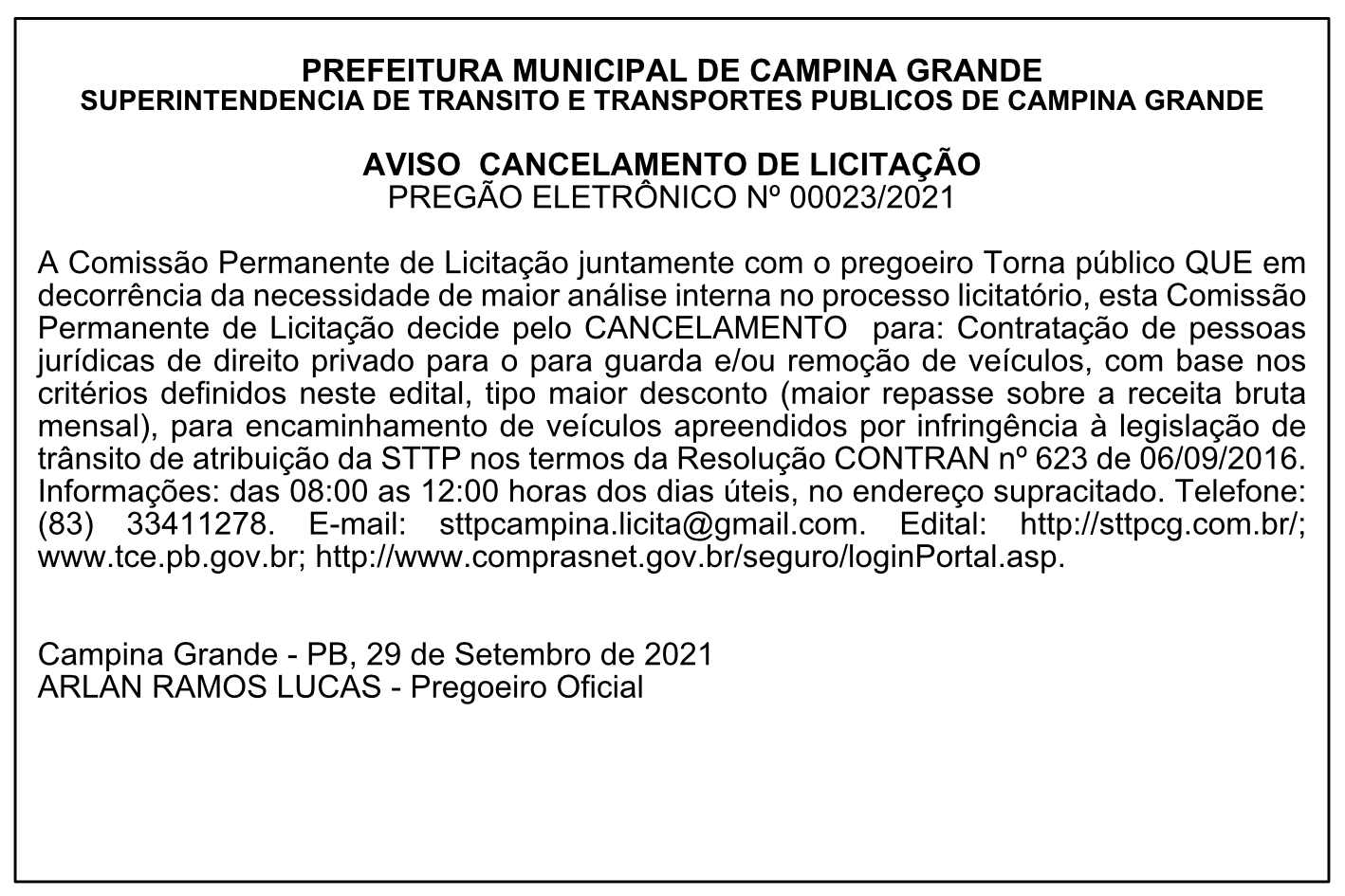 STTP – AVISO CANCELAMENTO DE LICITAÇÃO – PREGÃO ELETRÔNICO Nº 00023/2021