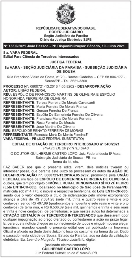 MDR – DF – BRASÍLIA – Edital Para Ciência de Terceiros Interessados – ESPÓLIO DE FRANCISCO MARTINS DE OLIVEIRA E HONORINDA FERREIRA DE OLIVEIRA