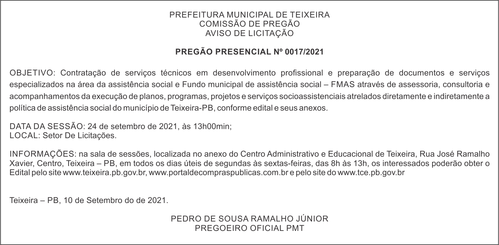 PREFEITURA MUNICIPAL DE TEIXEIRA – AVISO DE LICITAÇÃO – PREGÃO PRESENCIAL Nº 0017/2021