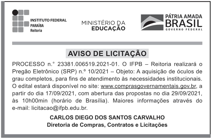 IFPB – PB – JOÃO PESSOA – REITORIA – EDITAL – PREGÃO ELETRÔNICO (SRP) n.º 010/2021 – REITORIA