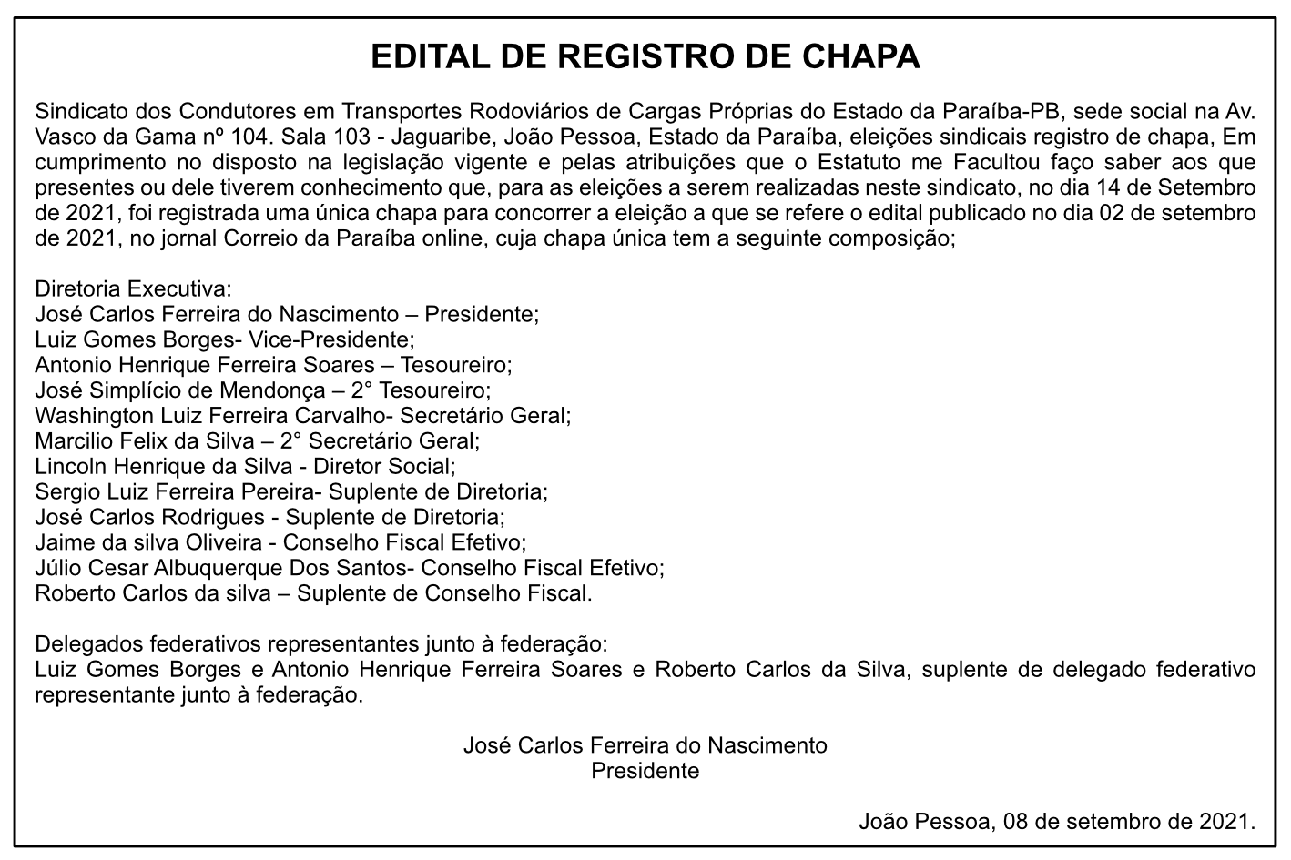 SINDICAPRO – EDITAL DE REGISTRO DE CHAPA