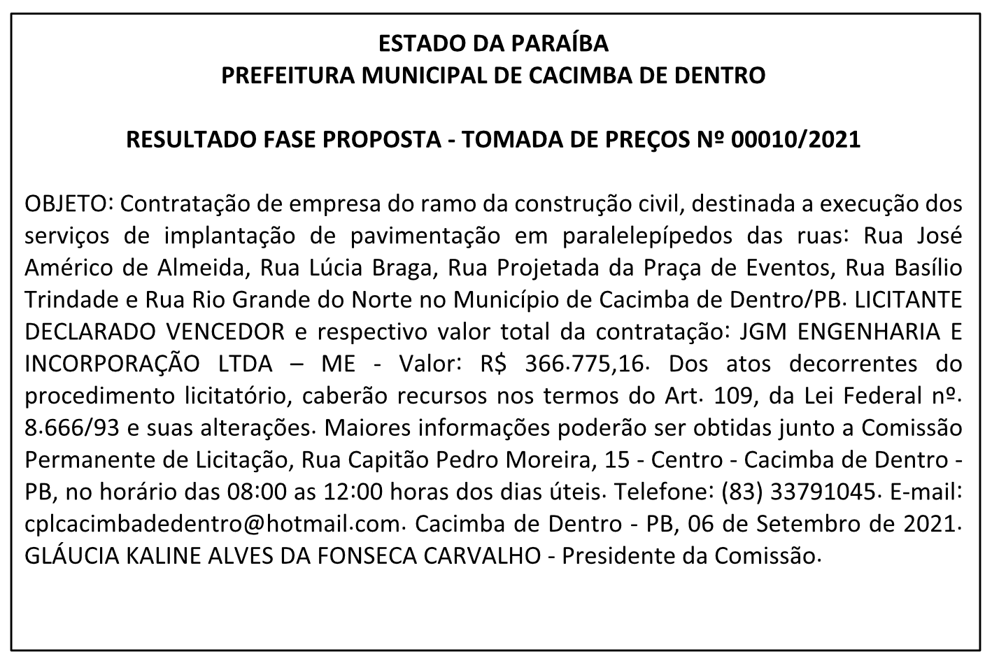 PREFEITURA MUNICIPAL DE CACIMBA DE DENTRO RESULTADO FASE PROPOSTA – TOMADA DE PREÇOS Nº 00010/2021