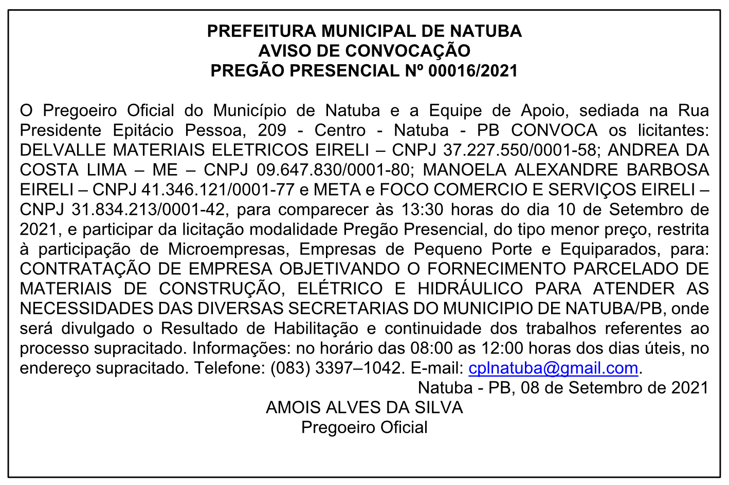 PREFEITURA MUNICIPAL DE NATUBA – AVISO DE CONVOCAÇÃO – PREGÃO PRESENCIAL Nº 00016/2021