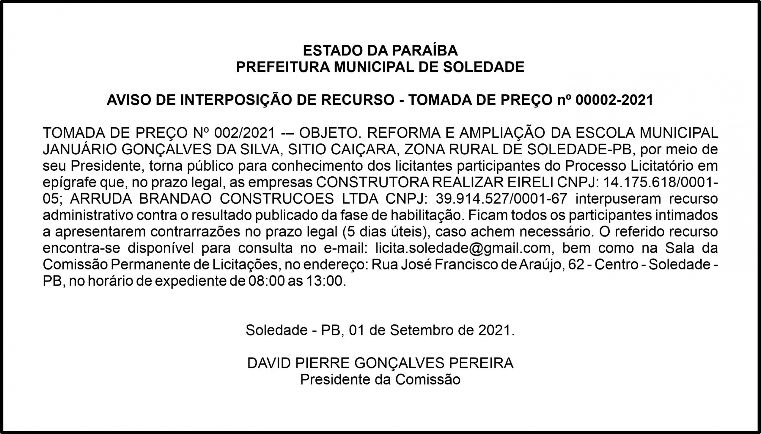 PREFEITURA MUNICIPAL DE SOLEDADE  – AVISO DE INTERPOSIÇÃO DE RECURSO – TOMADA DE PREÇO nº 00002-2021