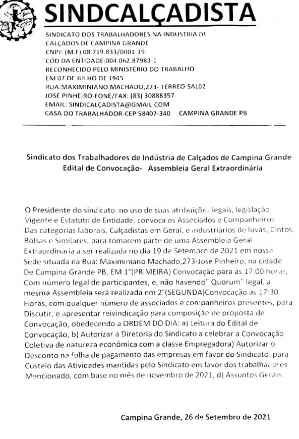 SINDCALÇADISTA – EDITAL DE CONVOCAÇÃO DE ASSEMBLEIA GERAL ESTRAORDINÁRIA