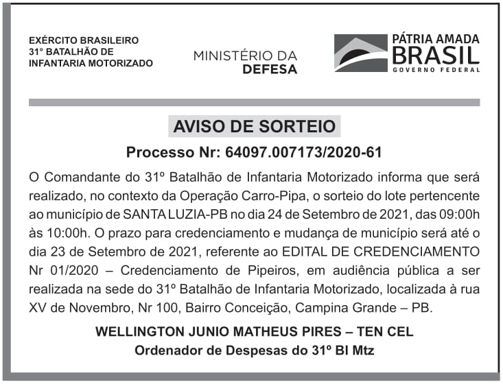 CMDO – 31º B INF MTZ – PB Campina Grande – Aviso de Sorteio (PROCESSO Nr: 64097.007173/2020-61)