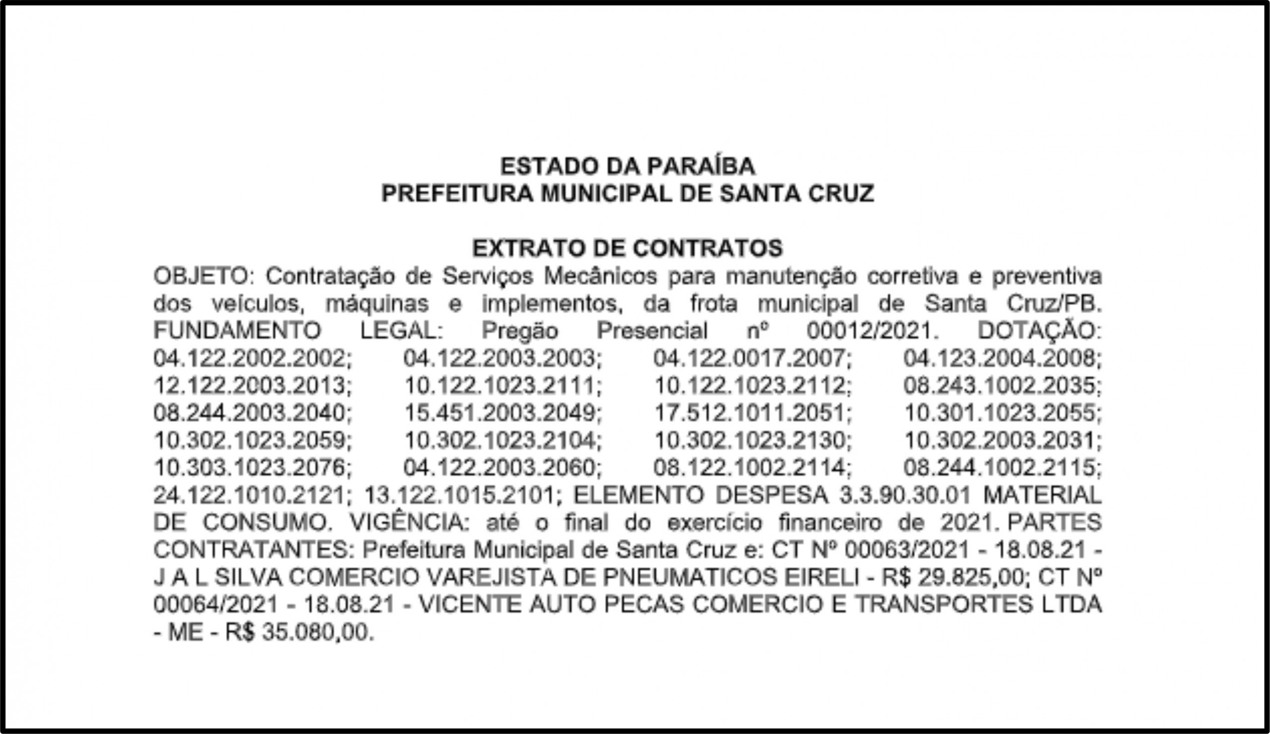 PREFEITURA MUNICIPAL DE SANTA CRUZ – EXTRATO DE CONTRATOS