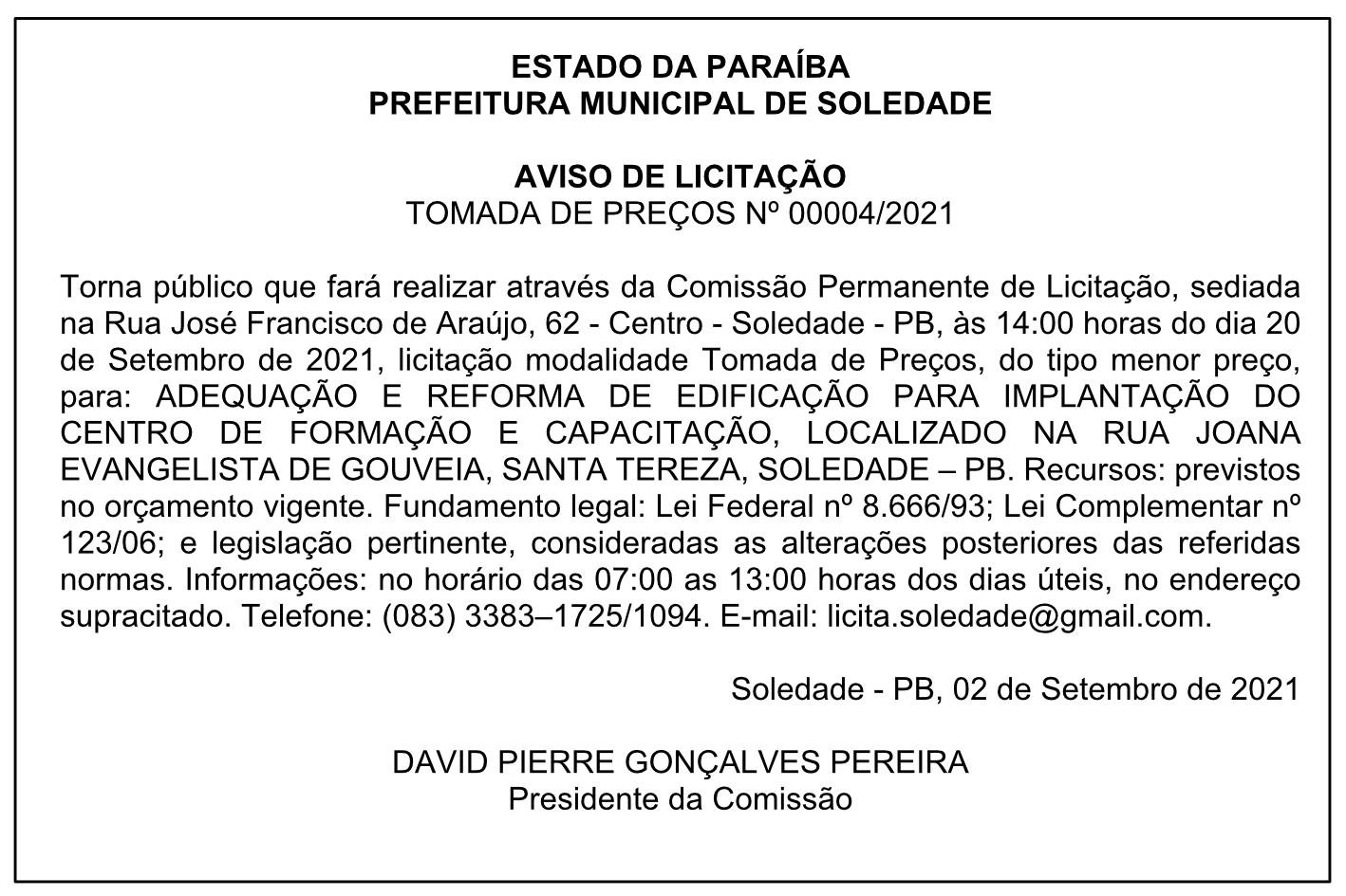 PREFEITURA MUNICIPAL DE SOLEDADE – AVISO DE LICITAÇÃO – TOMADA DE PREÇOS Nº 00004/2021